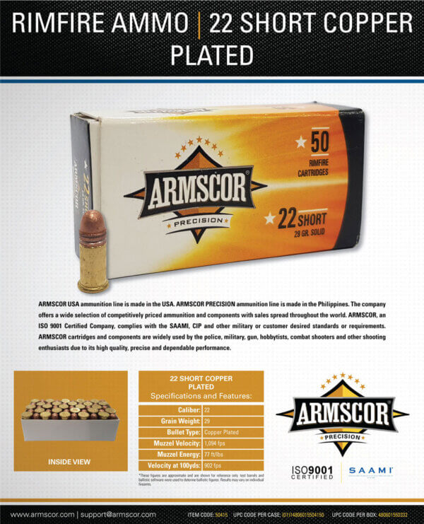Armscor 50415 Precision 22 Short 29 gr 1080 fps Solid Point 50 Bx/100 Cs