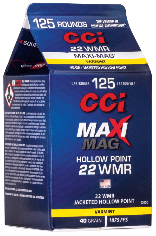CCI 920CC Maxi-Mag Rimfire 22 WMR 40 gr Jacketed Hollow Point (JHP) 125rd Box