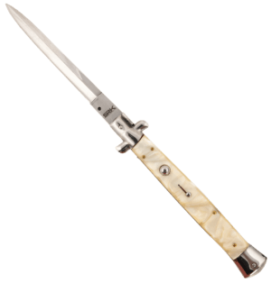 Steel River Knives SGSWRDAM Spartan  3.9″ Italian Bayonet Damascus 5.1″ Snakewood Buffalo Horn Handle Side Open