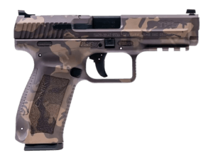 Canik HG4865WBN TP9SF 9mm Luger 18+1 (2) 4.46″ Woodland Bronze Camo Picatinny Rail Frame with Interchangeable Backstrap Fiber Optic Sights Includes Holster