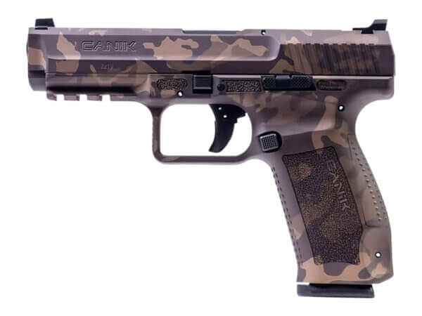 Canik HG4865WBN TP9SF 9mm Luger 18+1 (2) 4.46″ Woodland Bronze Camo Picatinny Rail Frame with Interchangeable Backstrap Fiber Optic Sights Includes Holster