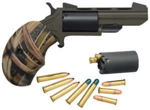 North American Arms NAATGHC Huntsman  22 Mag/22 LR 5 Shot 2  OD Green Frame/Barrel  Black Cylinder  Camo Grips  Fixed Marble Arms Sights  Includes Cylinder & Black Leather Holster”