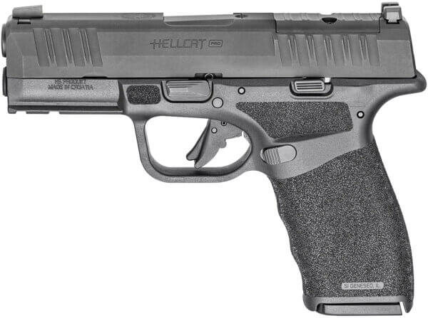 Springfield Armory HCP9379BOSP15 Hellcat Pro OSP Compact 9mm Luger 15 1  3.70″ Black Melonite Hammer Forged Barrel  Black Melonite Optic Ready/Serrated Slide  Black Polymer Frame w/Picatinny Rail  Adaptive Textured Polymer Grip  Right Hand