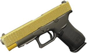 Glock UX4350204FRMOSGGGG G43X MOS Slim Sub-Compact 9mm Luger 10+1 3.41″ Black GMB Barrel  Glamour Glock Gold Glitter Cerakote MOS Cut/Serrated Slide  Black Cerakote Polymer Frame w/Beavertail & Grip  Ambidextrous