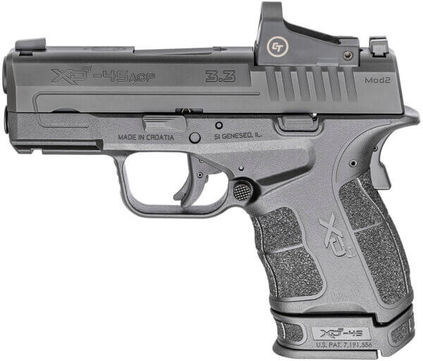 Springfield Armory XDSG93345BCTGU23 XD-S Mod.2 OSP Gear Up Package Compact 45 ACP 5+1/6+1  3.30″ Black Melonite Hammer Forged Steel Barrel & Optic Ready/Serrated Slide  Black Polymer Frame w/Picatinny Rail  w/Adaptive Textured Grip  Features Crimson Trace