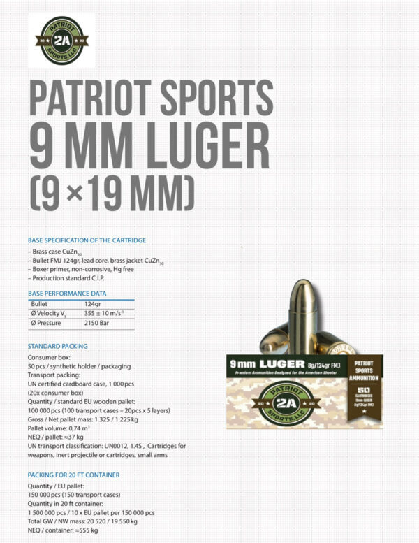 PATRIOT SPORTS LLC P9MM124F  9mm Luger 124 gr Full Metal Jacket (FMJ) 50rd Box