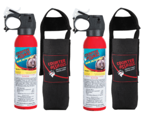 Counter Assault 15067027 Bear Spray Capsaicin Range 32 ft-7 Seconds/40 ft-8 Seconds 8.10 oz/10.20 oz 2 Cans 2 Holsters Includes 2 Holsters