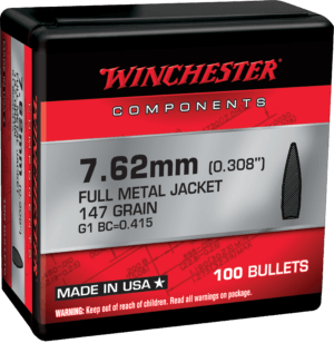 Winchester Ammo WB762M147X Centerfire Rifle Reloading 7.62mm .308 147 gr Full Metal Jacket Boat-Tail (FMJBT)