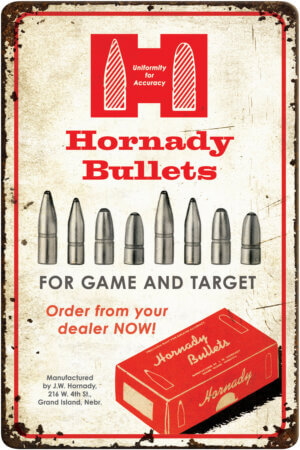 Hornady 99145 Bullets Tin Sign Rustic Red White Aluminum 12″ x 18″
