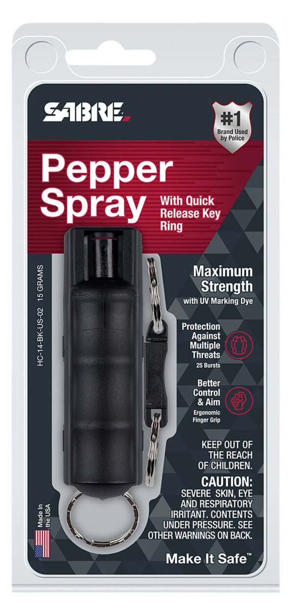 Sabre HC14BKUS02 Pepper Spray Red USA Formula Spray With Quick Release Key Ring 25 Bursts Range 10 ft Black