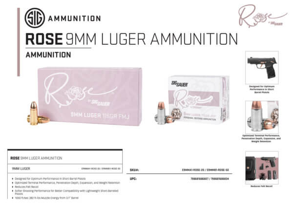 Sig Sauer E9MMA1ROSE20 Rose  9mm Luger 115 gr V Crown Jacketed Hollow Point 20 Per Box/ 10 Case