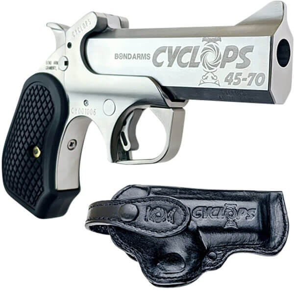 Bond Arms BACYP Cyclops Big Bore 45-70 Gov 1rd 4.25″ Stainless Steel w/Engraved Barrel Matte Stainless Steel Frame Black Extended B6 Resin Grip Includes Holster