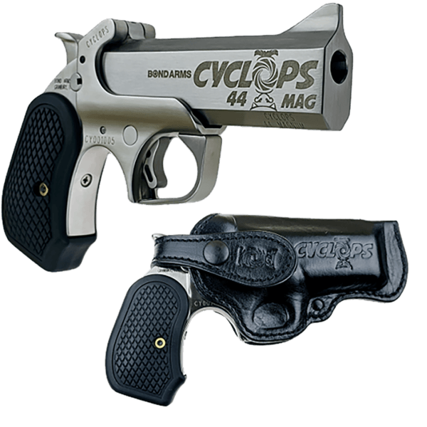 Bond Arms BACYP Cyclops Big Bore 44 Mag 1rd 4.25″ Stainless Steel w/Engraved Barrel Matte Stainless Frame Black Extended B6 Resin Grip