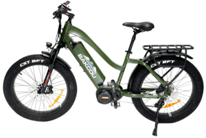 Bakcou E-bikes B-MST24-G-B21 Mule ST 24 Matte Army Green 18″ w/Stand Over Height of 29.50″ Frame Shimano Alivio Hill-Climbing 9 Speed Bafang M620 Ultra Motor 35+ mph Speed