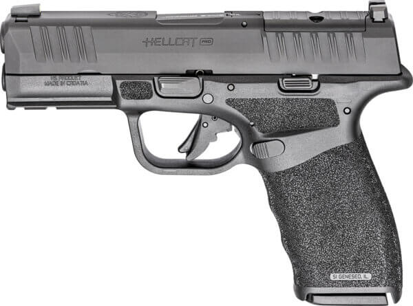Springfield Armory HCP9379BOSPCA Hellcat Pro OSP *CA Compliant Compact 9mm Luger 10+1, 3.70″ Black Melonite Hammer Forged Barrel, Black Melonite Optic Ready/Serrated Slide, Black Polymer Frame w/Picatinny Rail, Adaptive Textured Polymer Grip, Right Hand
