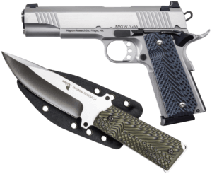 Magnum Research DE1911G9SS 1911G  9mm Luger 8+1  5 Stainless Steel Bull Barrel  Stainless Serrated Steel Slide  Stainless Steel Frame w/Checkered Front Strap & Beavertail  Black/Gray G10 Grip  Beavertail Grip/Manual Thumb Safety”