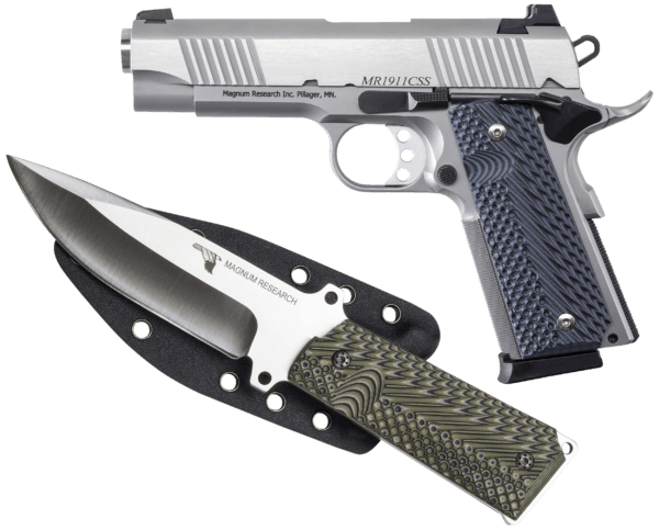 Magnum Research DE1911C9SSK 1911C w/Knife 9mm Luger 8+1  4.33 Stainless Steel Bull Barrel  Stainless Serrated Steel Slide  Stainless Steel Frame w/Checkered Front Strap & Beavertail  Black/Gray G10 Grip  Beavertail Grip/Manual Thumb Safety”