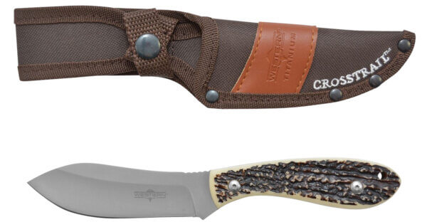 Camillus 19162 Western Crosstrail 4.25″ Fixed Clip Point Plain Silver 420 Steel Titanium Bonded Blade Stag/Antler Delrin Handle Includes Belt Loop/Sheath