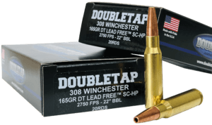 DoubleTap Ammunition 308W165X   308 Win 165 gr Lead Free Hollow Point 20 Per Box/ 25 Case