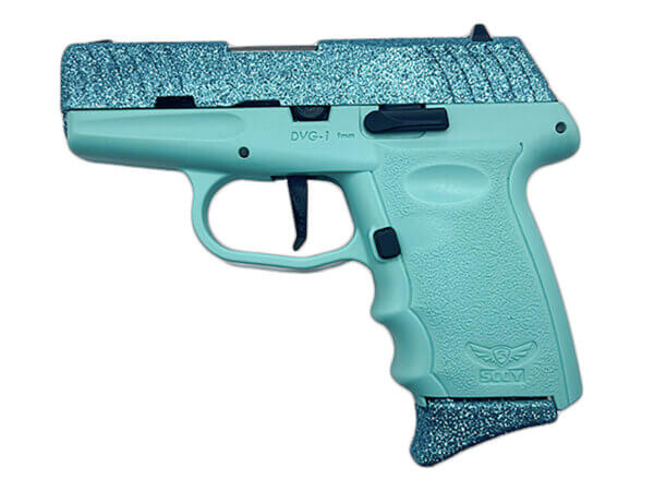 SCCY Industries DVG1CYBSB DVG-1  Sub-Compact Frame 9mm Luger 10+1 3.10″ Stainless Quadlock Barrel Cystal Blue Glitter Optic Ready/Serrated Stainless Steel Slide  Crystal Blue Polymer Frame & Grip