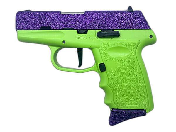 SCCY Industries DVG1DFLG DVG-1  Sub-Compact Frame 9mm Luger 10+1 3.10″ Stainless Quadlock Barrel  Purple Glitter Optic Ready/Serrated Stainless Steel Slide  Lime Green Polymer Frame & Grip