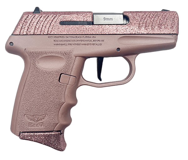 SCCY Industries DVG1RGRG DVG-1  Sub-Compact Frame 9mm Luger 10+1 3.10″ Stainless Quadlock Barrel  Rose Gold Glitter Optic Ready/Serrated Stainless Steel Slide  Rose Gold Polymer Frame & Grip