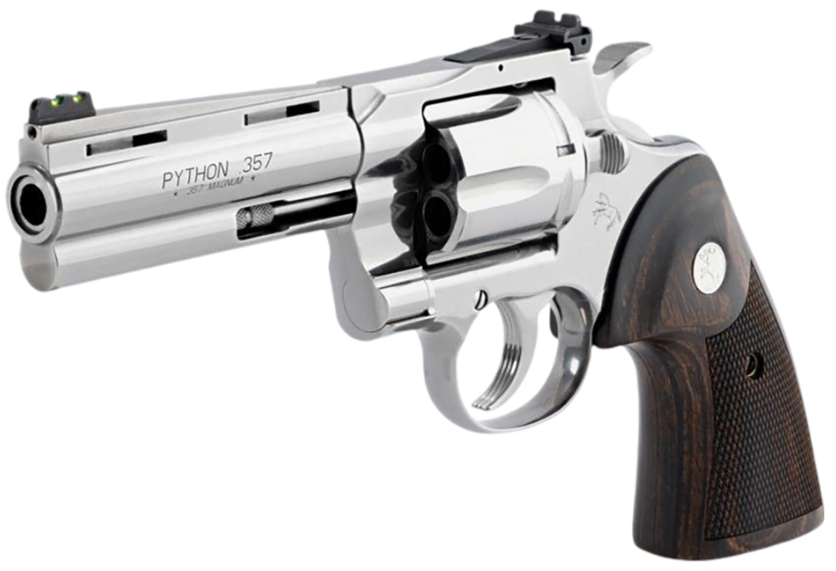 Colt Mfg PYTHONSP4WFT Python Target 357 Mag 6rd 4.25″ Semi-Bright Stainless Vent Rib Barrel  Cylinder & Frame  Walnut Target Grip