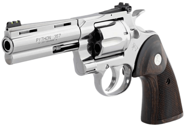 Colt Mfg PYTHONSP4WFT Python Target 357 Mag 6rd 4.25″ Semi-Bright Stainless Vent Rib Barrel  Cylinder & Frame  Walnut Target Grip