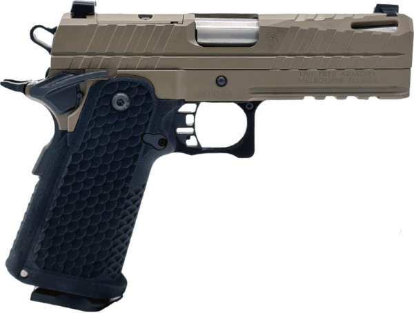 Live Free Armory LFAPC71302 Apollo 11 Compact Frame 9mm Luger 17+1 4.15″ Stainless Match Grade Bull Barrel  Elite FDE Cerakote Optic Cut/Serrated Stainless Steel Slide  Elite FDE Cerakote Steel Frame w/Beavertail & Picatinny Rail