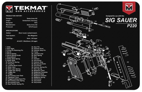 TekMat TEKR17SIGP220 Sig Sauer P220 Cleaning Mat 17″x11″ Black/White Thermoplastic Fiber Top w/Vulcanized Rubber Back/ Sig Sauer P220 Parts Diagram Illustration