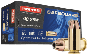 Norma Ammunition 801407727  Safeguard 40 S&W 180 gr Jacketed Hollow Point 50 Per Box/ 20 Case