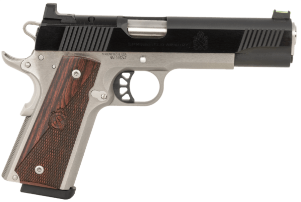 Springfield Armory PX9121LAOS 1911 Ronin 10mm Auto 8+1  5″ Stainless Match Grade Steel Barrel  Blued Serrated Carbon Steel Slide  Stainless Steel Steel Frame w/Beavertail  Crossed Cannon Wood Grip  Includes AOS Plate