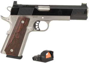 Springfield Armory PX9121LAOSD 1911 Ronin 10mm Auto 8+1 5″ Stainless Match Grade Barrel  Blued Serrated Carbon Steel Slide  Stainless Steel Frame w/Beavertail  Crossed Cannon Wood Grip  Hex Dragonfly Red Dot