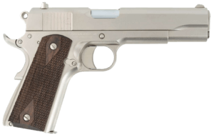 Tisas 10100516 1911 A1 Stakeout Full Size Frame 45 ACP 8+1 5″ Stainless Button-Rifled Barrel  Nickel Serrated Stainless Steel Slide  Nickel Steel Frame w/Beavertail  Turkish Walnut Grip