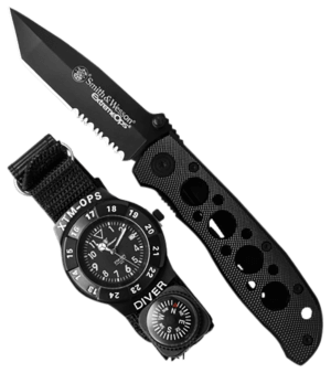 S&W SWXTMOPS2 S&W Extreme Ops Combo 3.18″ Folding Plain Black 420 Stainless Steel Blade  Black Handle  Watch w/Compass
