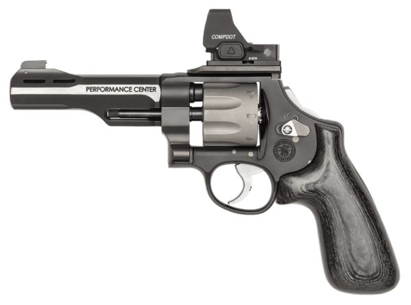 Smith & Wesson 14045 Performance Center Model 327 WR N-Frame Frame 9mm Luger 8+1 5″ Black/SS Ported Barrel  Black Scandium Frame  JM Signature Black Laminate Grip  Vortex CompDot Red Dot 8 MOA  Features C.O.R.E Optic System
