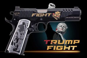 Auto-Ordnance 1911TCAC18 1911 Trump Fight Limited Edition 45 ACP 7+1 5″ Stainless Match Grade Barrel, Black w/Gold Engraving Engraved/Ported/Serrated Black Cerakote Slide, Black Cerakote Stainless Steel Frame, Engraved Aluminum Grip
