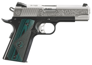 Ruger 16704 SR1911 Mayodan  NC Edition Commander Frame 45 ACP 7+1 4.25″ Stainless Steel Barrel  Low-Glare Stainless Serrated w/Engraving Steel Slide  Black Anodized Aluminum Frame w/Beavertail  Black/Green Deluxe Checkered G10 Grip