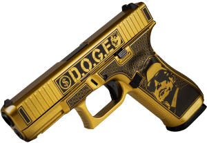 Glock UA195S204NDGE G19 Gen5 D.O.G.E Compact Frame 9mm Luger 15+1 4.02″ Black GMB Barrel  Glamour Glock Gold Cerakote Serrated Steel Slide w/D.O.G.E.  Glamour Glock Gold Cerakote Polymer Frame w/Trump & Elon