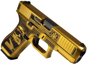 Glock PA475S204MOSNDGE G47 Gen 5 MOS D.O.G.E. Full Size Frame 9mm Luger 17+1 4.49″ Black GMB Barrel  Glamour Glock Gold Cerakote Serrated Steel Slide w/D.O.G.E.  Glamour Glock Gold Cerakote Polymer Frame w/Trump & Elon