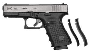 Glock UG1950713 G19 Gen4 Compact 9mm Luger 15+1 4.02″ Black Steel Barrel  Matte Black Serrated Slide & Polymer Frame w/Picatinny Rail/Serrated Trigger Guard  Black Textured Finger Grooved w/Interchangeable Backstrap Grips  Right Hand