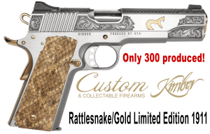 CNC-Kimber Firearms Rattlesnake Limited Edition 1911, 45 ACP with 5″ Barrel, Hand Engraving, Gold Inlays, Custom Snake Skin Grips. ONLY 300 PRODUCED!!