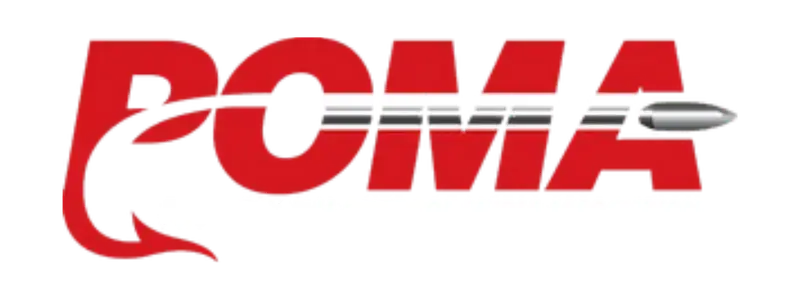 The red POMA logo, representing the Professional Outdoor Media Association, stylized with a bullet graphic and a fish hook element in the wordmark.