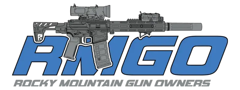 The logo for Rocky Mountain Gun Owners (RMGO), featuring a detailed illustration of a modern tactical rifle over the large blue acronym RMGO.