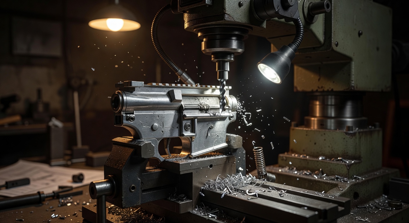 Close-up of an 80% AR-15 lower receiver being milled into a functional firearm frame, symbolizing private manufacturing rights