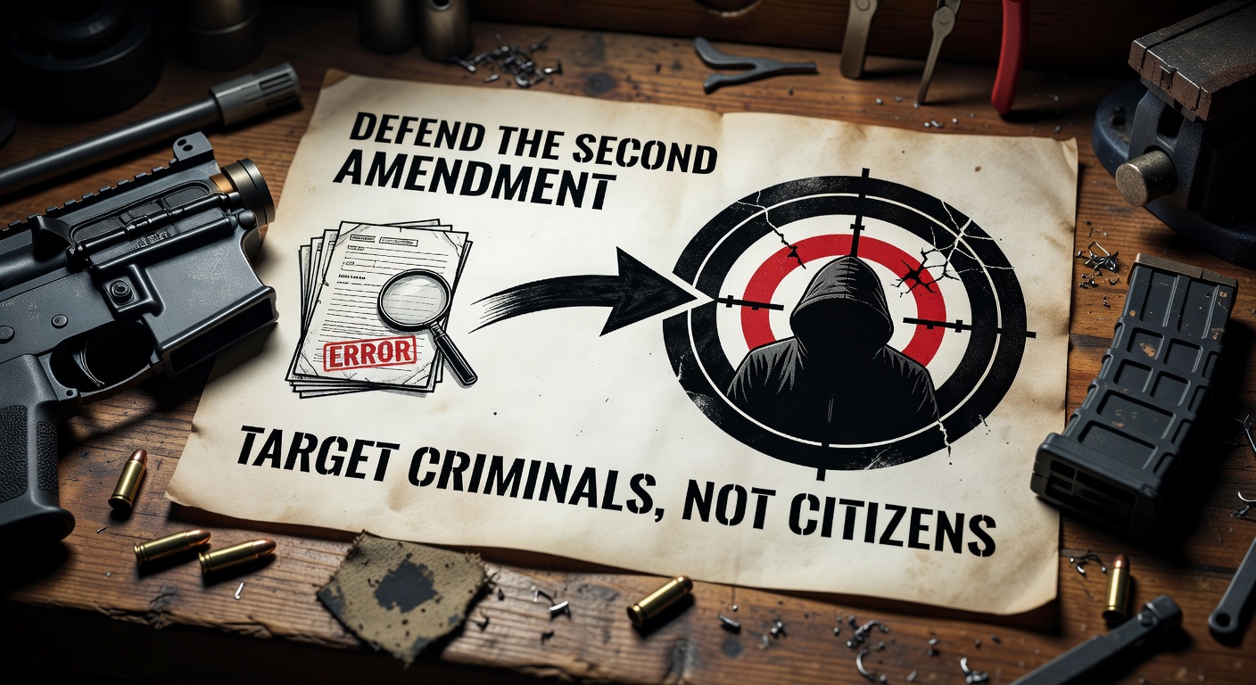 Infographic showing ATF focus shift: from FFL paperwork errors (small icon) to criminals (large target icon), with pro-2A slogans.