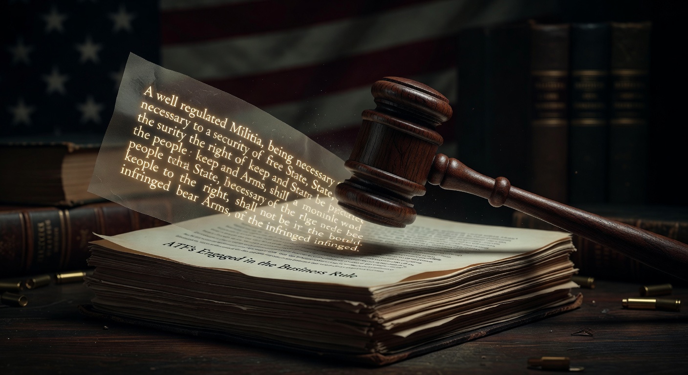 Gavel slamming down on ATF's Engaged in the Business rule with Second Amendment overlay