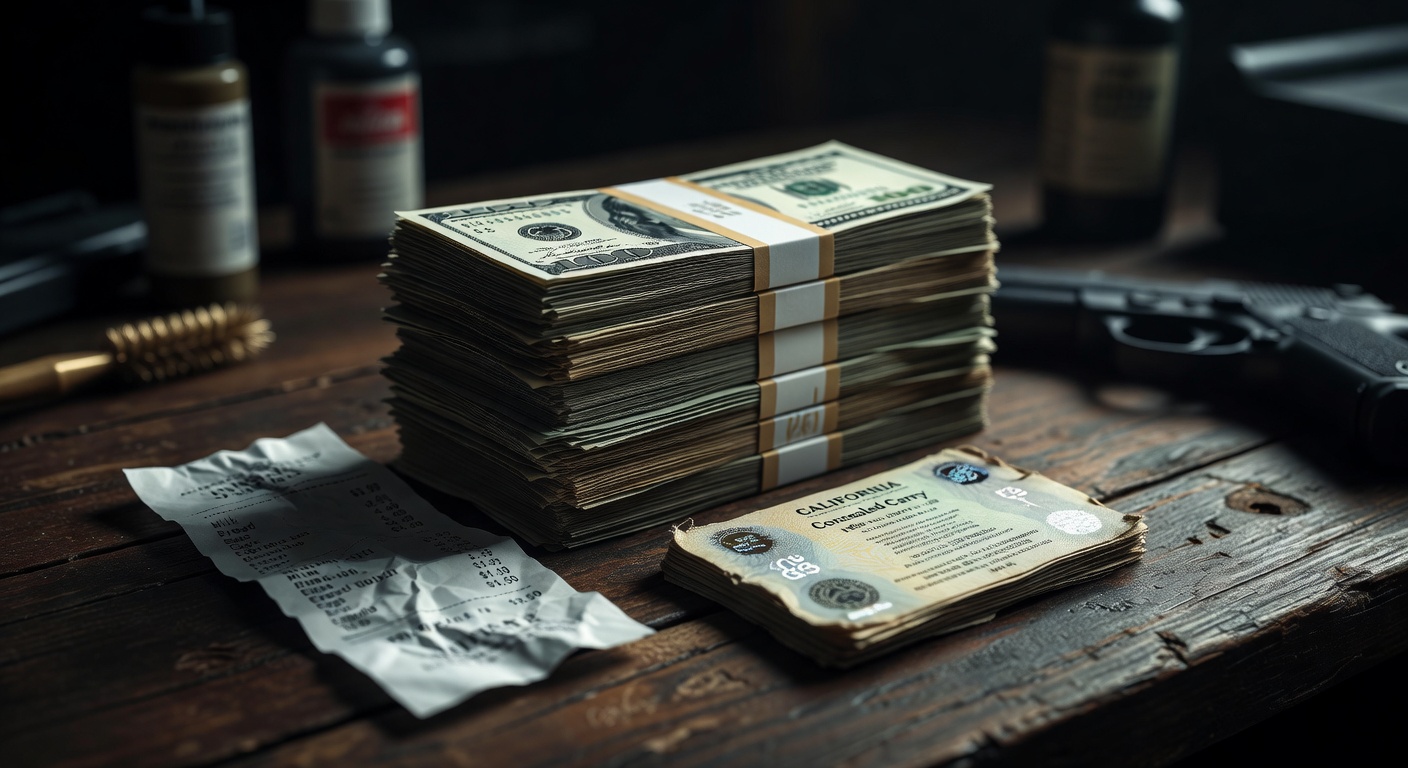 Stack of cash representing exorbitant California CCW renewal fees next to a concealed carry permit and grocery receipt
