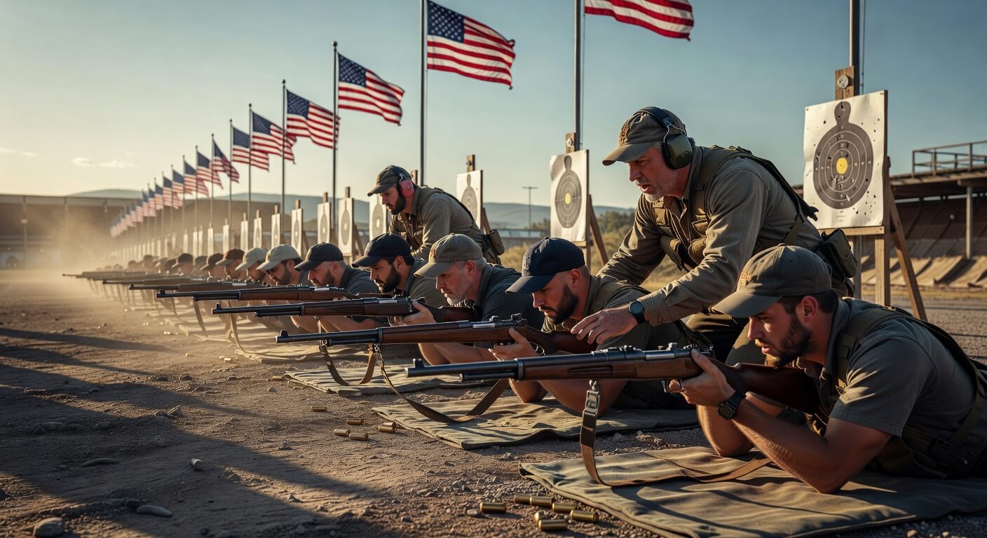 Group of civilians at a CMP shooting range, firing vintage rifles and shotguns under instruction, with targets and American flags in the background.
