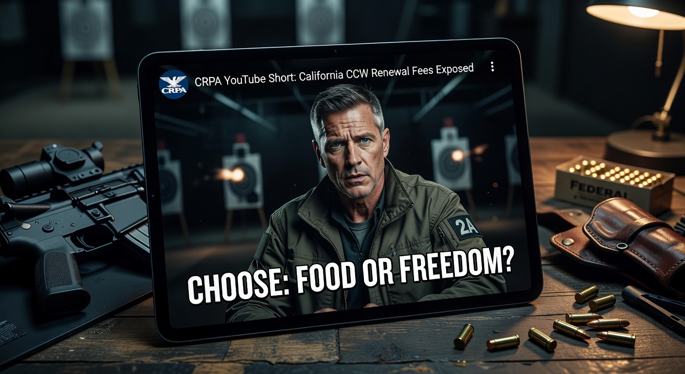 Screenshot of CRPA YouTube short criticizing California CCW renewal fees with text overlay 'Choose: Food or Freedom?'